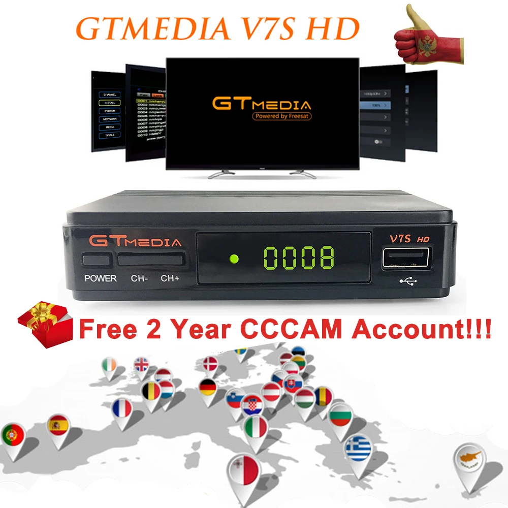 GTMedia FTA DVB-S2 спутниковый ТВ приемник V7S HD 1080P с USB Wi-Fi H.264 Поддержка YouTube 2 года Европа 7 линий бесплатно PK V7