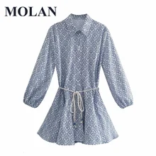 

MOLAN Elegant Shirt Dress Vintage Blue Print Long Sleeve Turn Down Collar High Streetwear Dress Female Chic Vocation Vestido