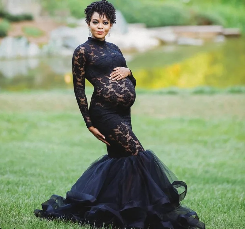 Платье макси для беременных Платья фотосъемки женщин с длинным рукавом черные