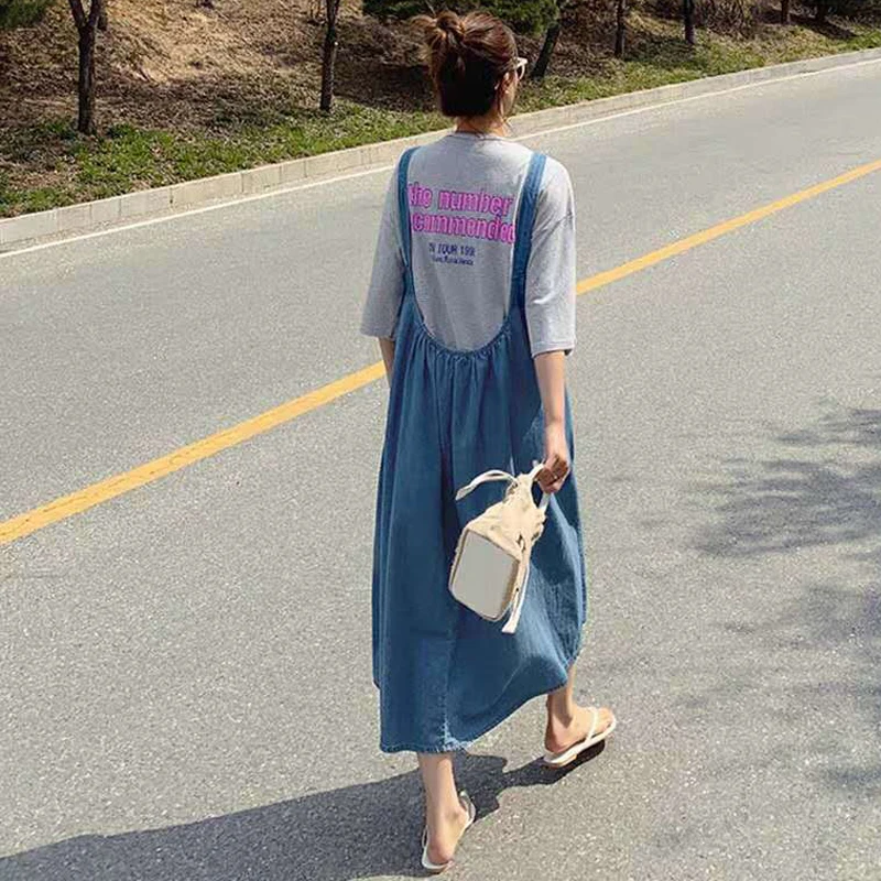 

Johnature 2023 Summer New Korean Denim Spaghetti Strap Dresses Women Casual Loose Solid Color Pockets Female Dress(Only Dress)