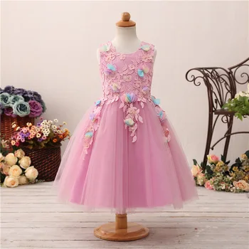 

Cute Pink Lace Flower Girls Dresses For Wedding Party Kids Gala Gowns Tea Length Applique Dress Tulle Flower Girl Pink Dresses