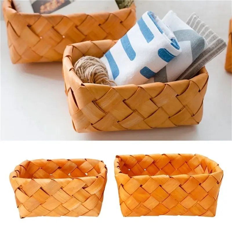 

Creative Hand Knit Rectangular Fruit Basket Bread Basket Wood Basket Picnic Storage Basket Basket 19x14x9cm
