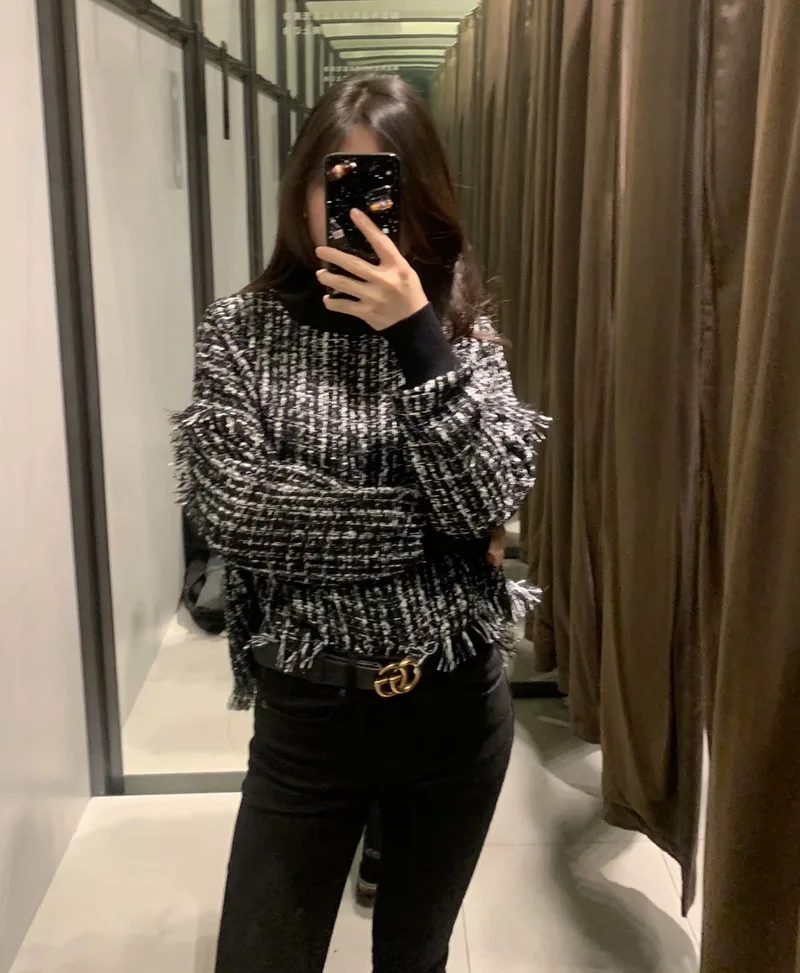 

Overplus of Goods Exported to Europe And US Women's Y Autumn & Winter Black And White Texture Soft Tweed Coat Stand Collar Tasse