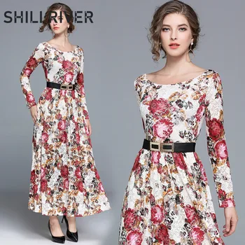 

2020 new autumn designer long dress for women long sleeve slim casual lace elegant flower floral embroidery pleated dresses belt