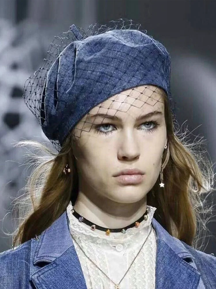 Тренд для женщин Клетка вуаль Французский Берет зимний деним берет шапка Кепка леди Гэтсби Стиль кепки s синий черный Регулируемый Теплый бини