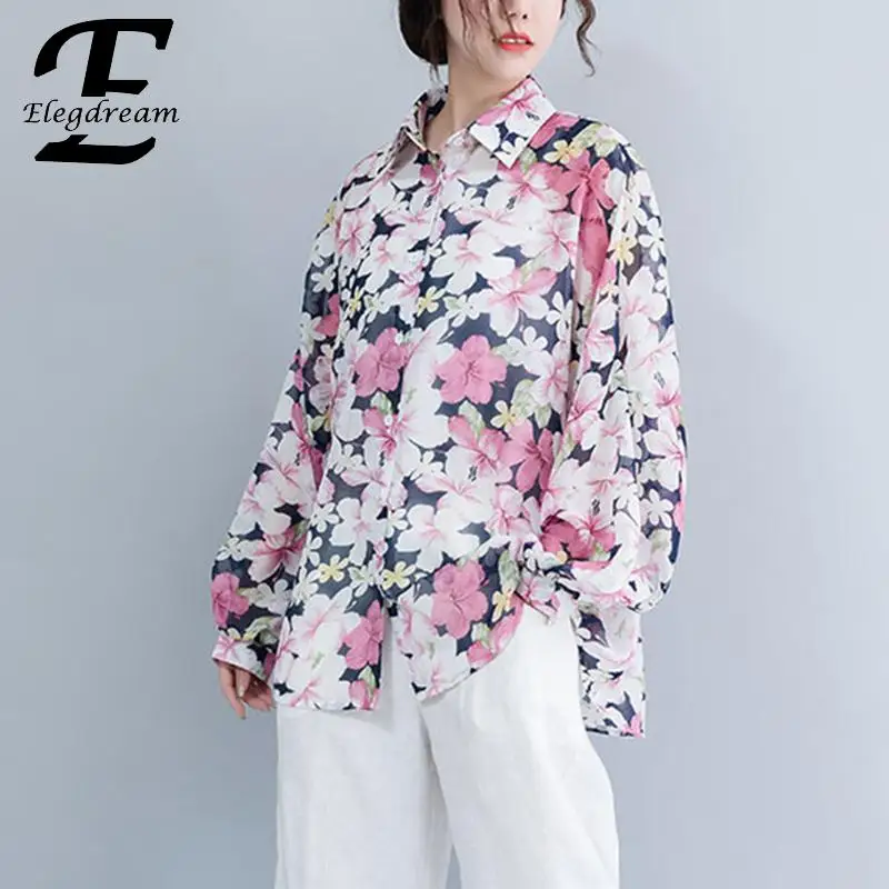 

Elegdream Oversized Clothes Plus Size Women Flower Print Long Sleeve Chiffon Blouse Shirt Lady Casual Cardigan Top Female Blusas