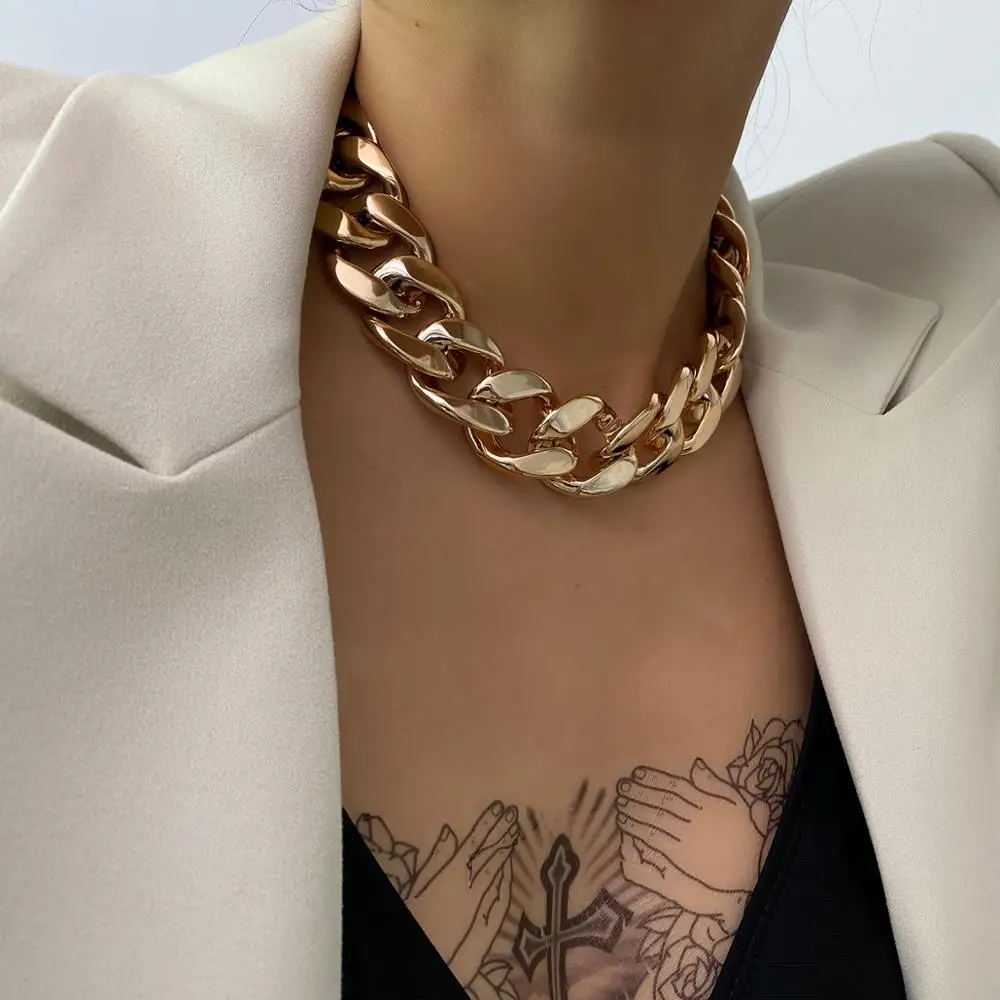 2-Pack Chunky Lock Choker Necklaces - Gold Plated Punk Gothic Layered Chain For Women