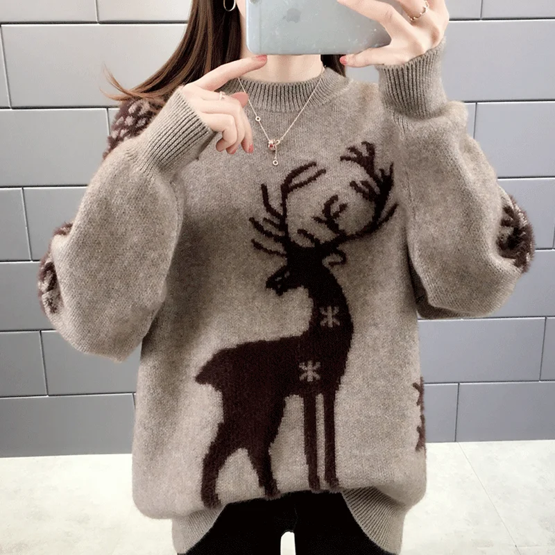 Fawn snowflake Christmas sweater lady loose wearing 2019 autumn and winter new half turtleneck | Женская одежда