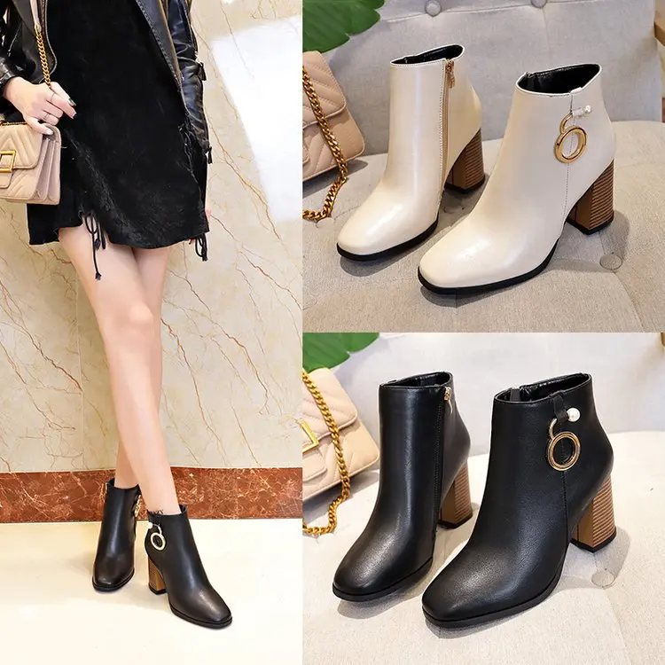 

Square Toe PU Fashion Ankle Boots Women Super High Platform Pearl Solid Chelsea Boots Square Heel Casual Winter Shoes Plus Size