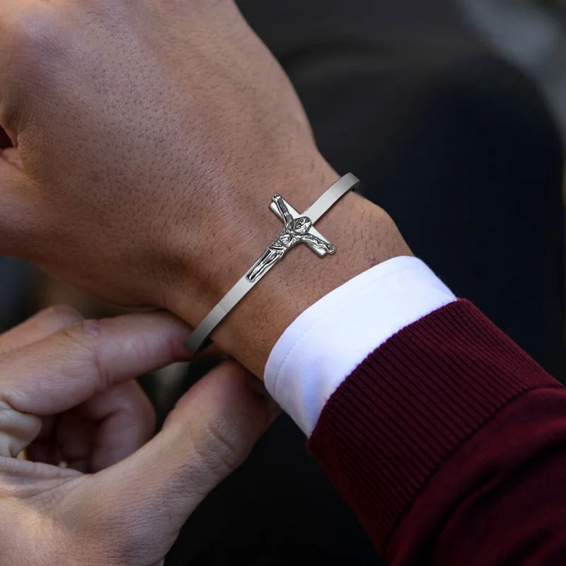Мужской Браслет-манжета браслет с боковым крестом Святого религиозного браслета