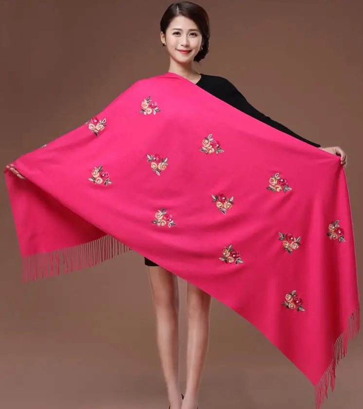 rose red Негабаритный Женский кашемировый вышитый цветок бисер пашмины длинный осенне-зимний шарф мягкое теплое пальто с кисточками Bufanda Mujer - Цвет: rose red