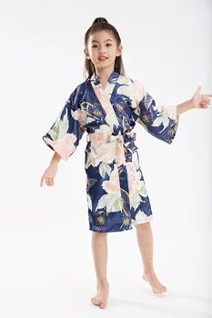

Spring And Summer Girl Dressing Gown Children Pajamas Kimono Imitation Silk Nightgown Floral Print Robe Satin Nightgown