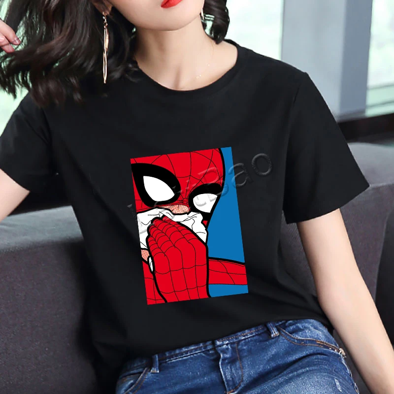 Funny Lady Black Polyester T-Shirts Spiderman Have A Cold Graphic Comic Tops Soft O-Neck T-shirt The Secret Life of Heroes Tees | Женская