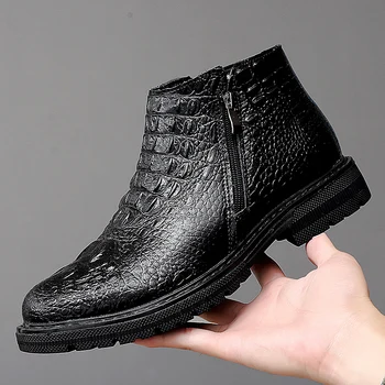 

mens luxury fashion big size ankle boots alligator grain pointed toe cow leather shoes spring autumn chelsea boot botas hombre