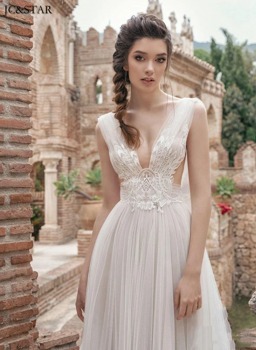 Vestidos de novia сексуальное свадебное платье с глубоким v-образным вырезом и открытой спиной с аппликацией, свадебное платье трапециевидной формы в стиле бохо gelin elbisesi pretty