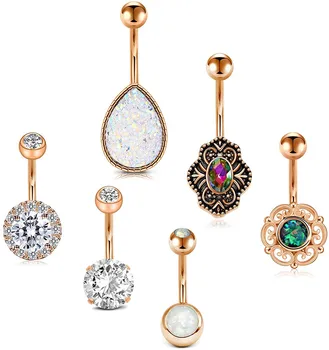 

6 PCS Belly Button Ring Surgical Steel Synthesis Opal Shiny CZ Vintage Style Navel Belly Rings Belly Piercing for Women Girl