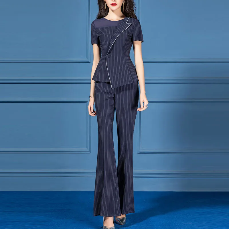 

Women Pants Suits Set For Work 2 Piece Summer Office Ladies Business Formal Striped Wide Leg Trousers Pantsuit Female Plus Size