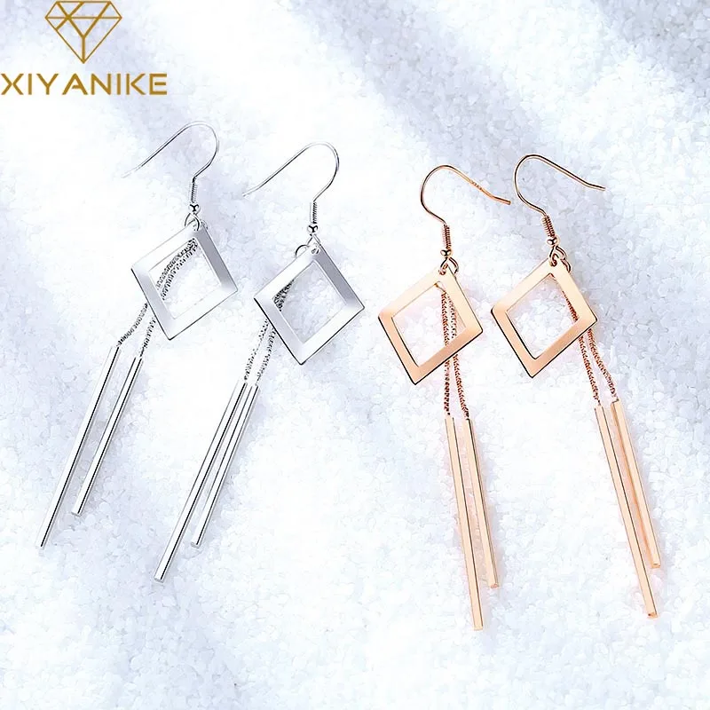 

XIYANIKE 925 Sterling Silver Trendy Tassel Long Simple Geometry Drop Earrings For Women Prevent Allergy Ear Hoop Wedding Jewelry