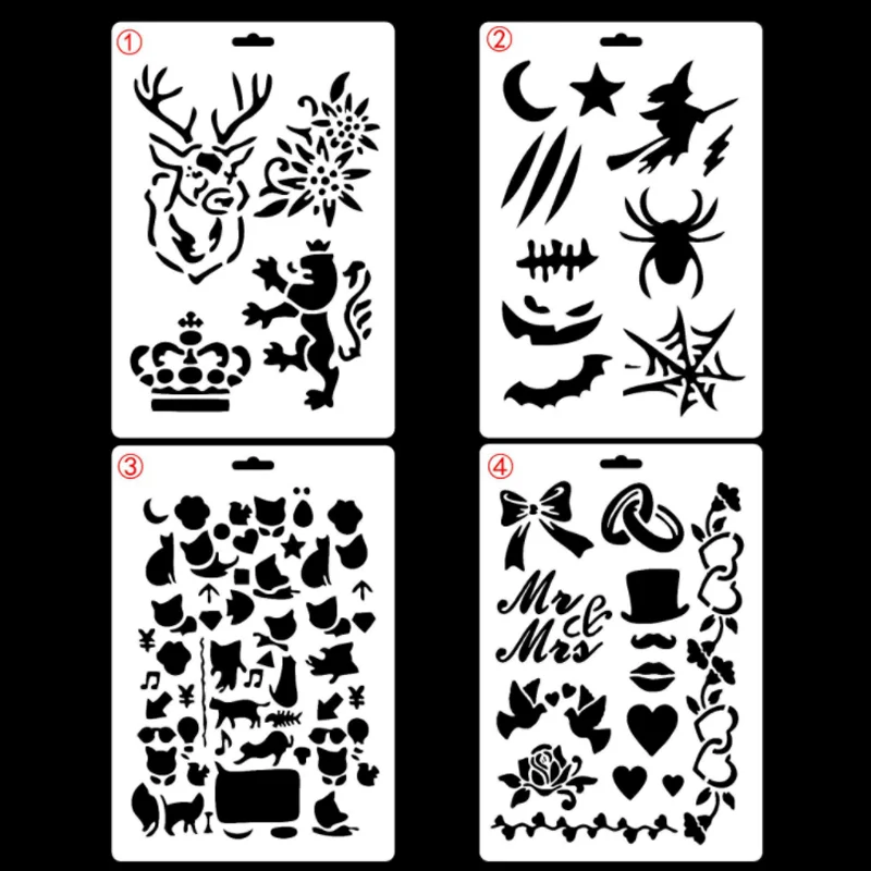 

4pc Stencil Crown Cartoon Print Template For Painting Wall Scrapbooking Photo Album Embossing Bullet Journal Stencils Reusable