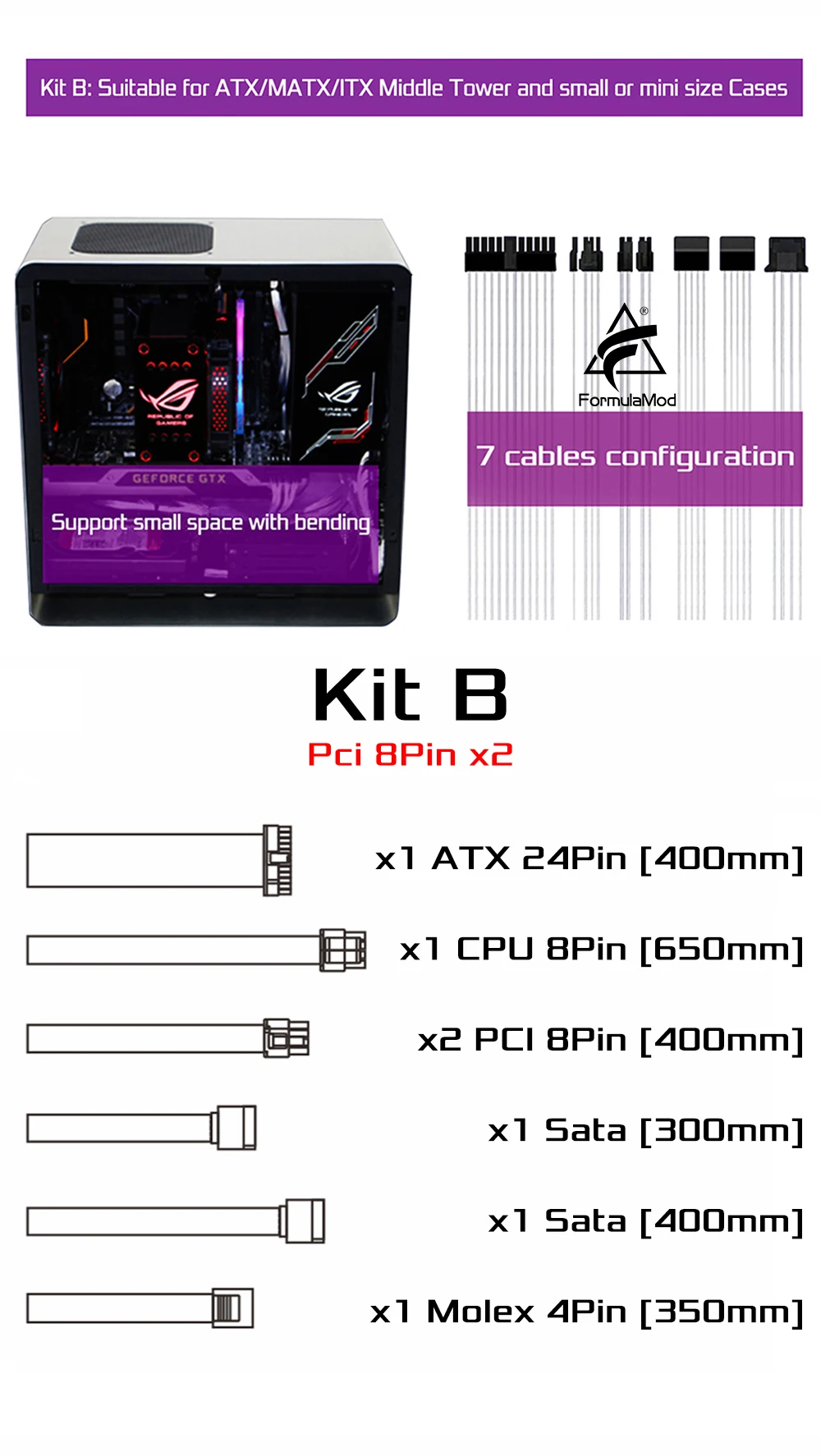 FormulaMod EVGA Fully Modular PSU Cable Kit, 18AWG Sleeved, Kit For EVGA Modular PSU, Fm-BZXZ [Please check compatibility]  