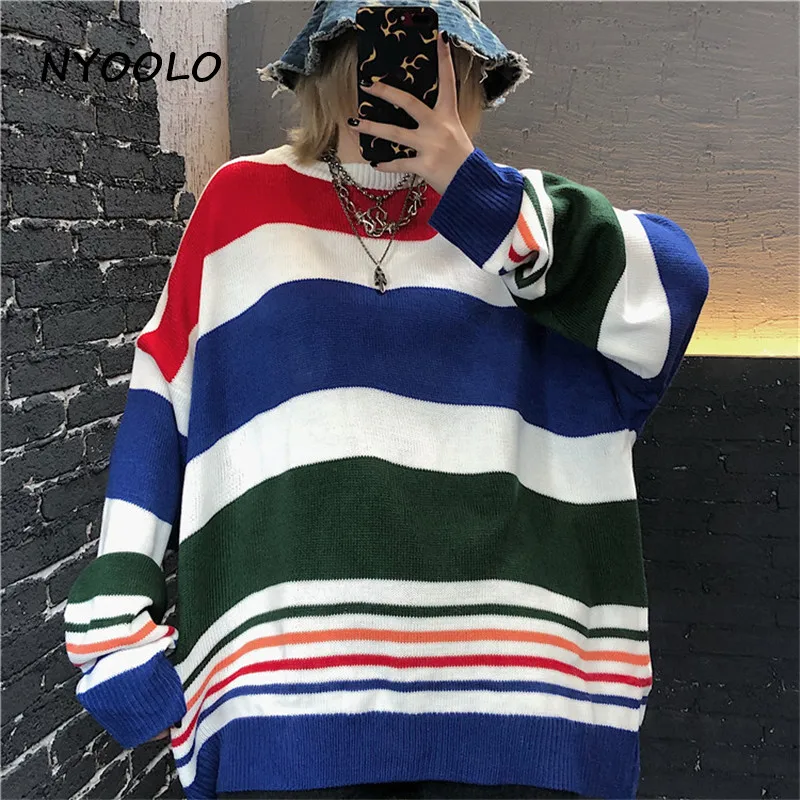 

NYOOLO Spring Autumn Rainbow Striped Sweater Casual streetwear Bat sleeve Knitted pullovers Sweater women clothing outerwear