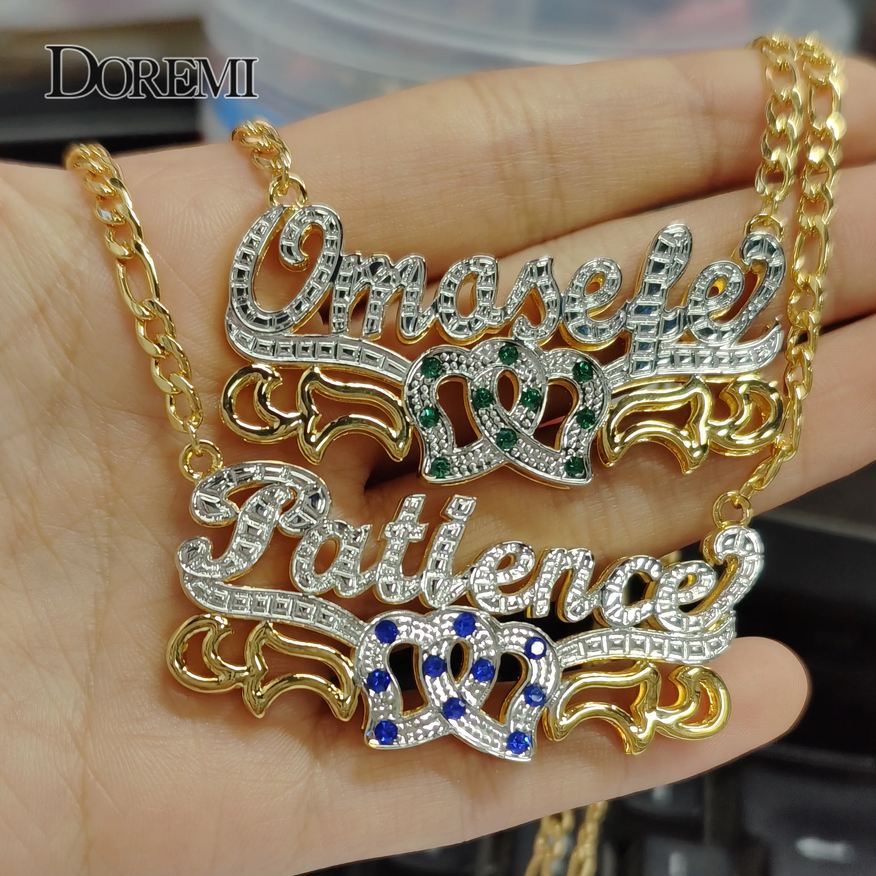 DOREMI Figaro Chain Custom Name Necklace 2 Toned Birthstone Name Chain Personalized Necklace Gold Nameplate 3D Necklace Hip Hop