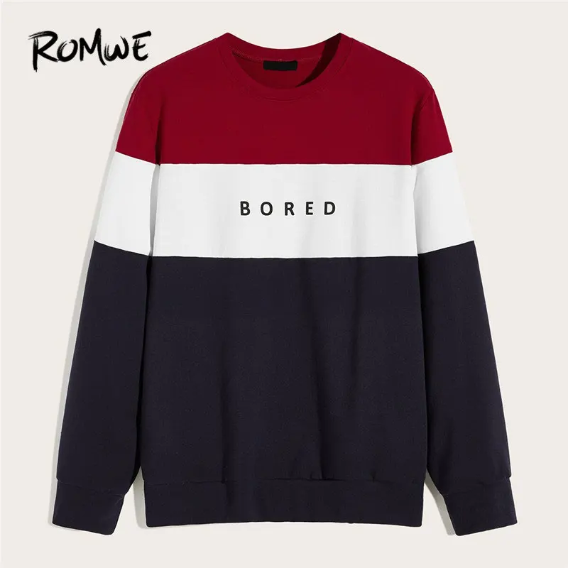 

ROMWE Guy Crew Neck Colorblock Letter Print Sweatshirt Casual Fall 2019 Long Sleeve Tops Autumn Men Sweatshirt Clothing Pullover