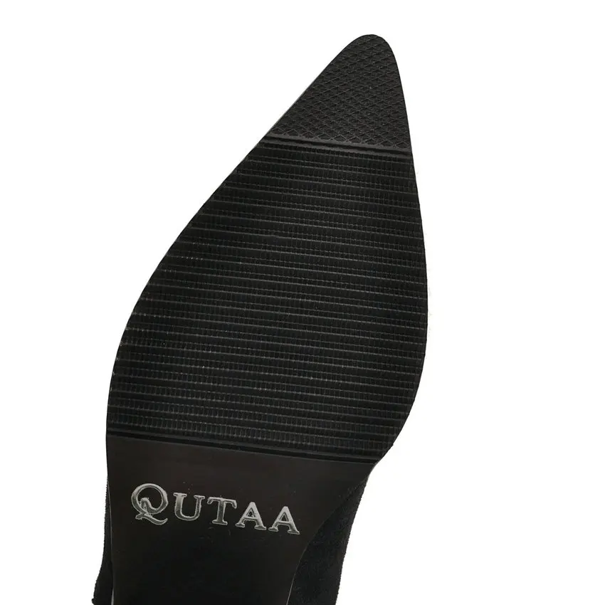 QUTAA/ г. Теплая меховая повседневная женская обувь на квадратном каблуке осень-зима модные флоковые сапоги до колена с острым носком без застежки размер 34-43