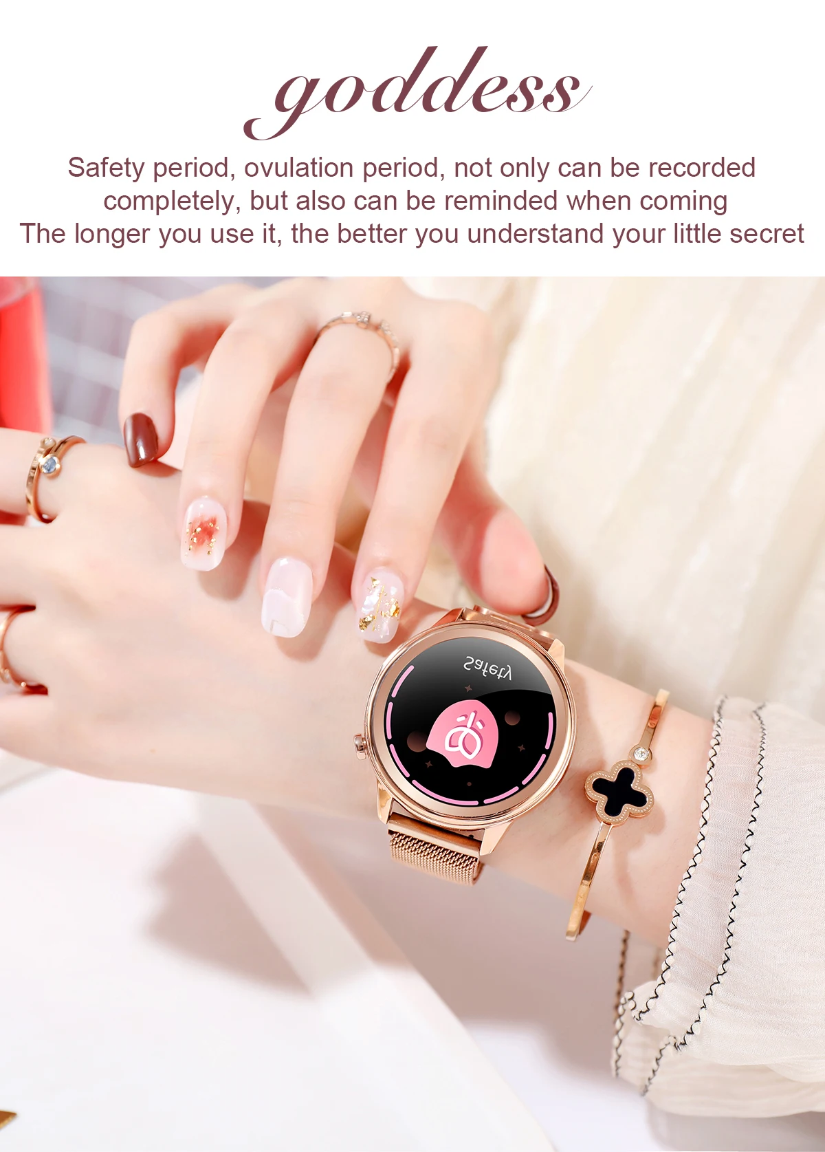 Female health (physiological cycle), Blood pressure monitori,Respiratory rate,Dynamic UI, Body temperature monitoring Smartwatch