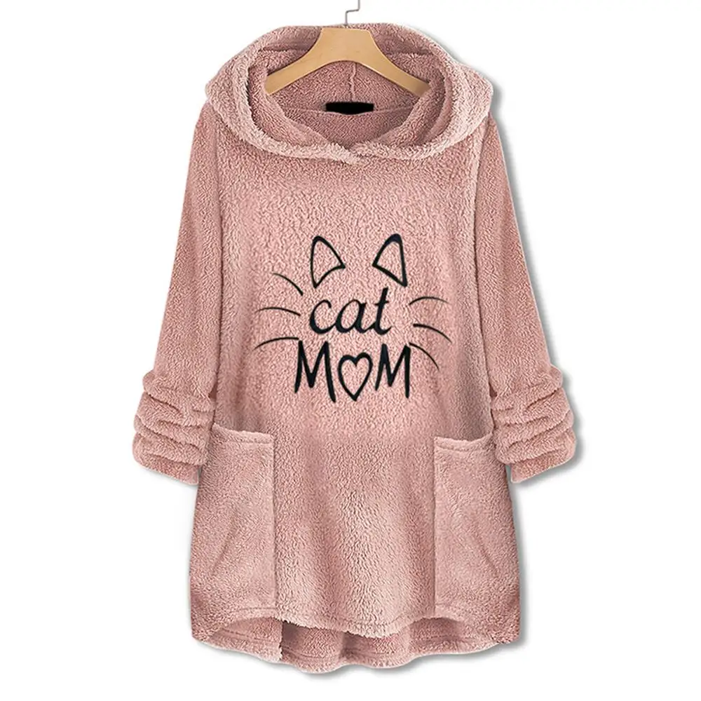 Pink Женские толстовки из флиса с вышивкой кошачьими ушками размера плюс, толстовка с капюшоном, топ, блузка, женские толстовки, худи с длинным рукавом# EO15 - Цвет: Pink