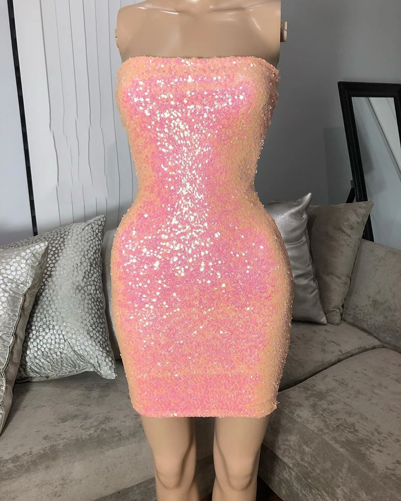 Блестящие Розовые блесток без бретелек прямая африканская темнокожая девушка короткие выпускные платья