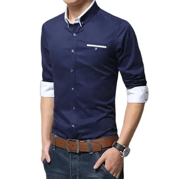 

Business Men Solid Color Long Sleeve Color Block Cuff Slim Buttons Down Shirt Fashion Mens Casual Shirts Cotton Social Shirt