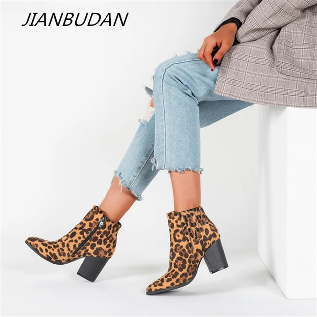 Jianbudan botas femininas com estampa de leopardo, novo bota bicuda de  couro fino e salto alto
