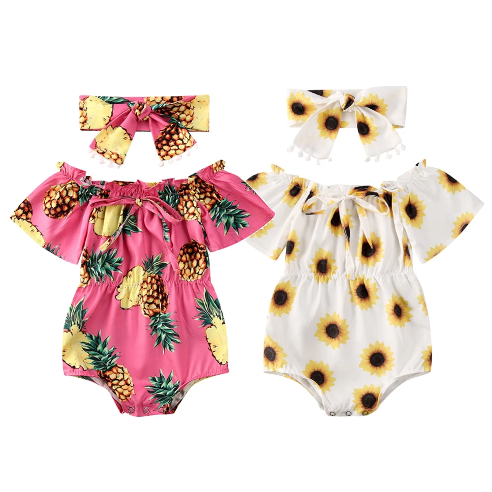 Baby Summer Clothing Baby Girl Flower Clothes Girls Off Shoulder Bodysuit Headband Pineapple Kids Sunflower Newborn Outfits Set customised baby bodysuits