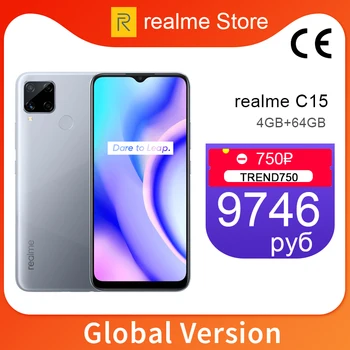 Перейти на Алиэкспресс и купить Realme C15, 4 ГБ, 64 ГБ, глобальная версия, 6000 мАч, аккумулятор, 13 МП, четыре камеры, 6,5 дюймов, полноэкранный, 3 слота для карт, Helico G35, Восьмиядерный, NFC