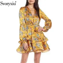 Svoryxiu дизайнерское осеннее платье с принтом и рюшами, с поясом, с высокой талией, женское сексуальное платье с v-образным вырезом и пышным длинным рукавом, модные платья для вечеринок