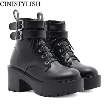 online Goth Nova Sexy Fivela Demonia Botas Para Mulher Rendas Até Chunky Salto Alto Lado Zíper Botas Femininas Na Plataforma Do Punk Gótico