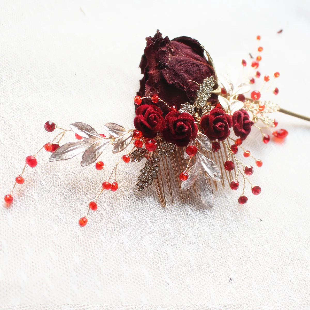 Красный цветочный женский головной убор для выпускного вечера Кристалл Свадебный гребень аксессуары для волос ручной работы свадебные украшения корона для волос