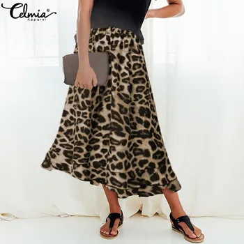 

2020 Celmia Sexy Leopard Print Ruffles Summer Beach Skirts Women's Skirt Ladies High Elastic Waist Vintage Long Maxi Skirt 5XL 7