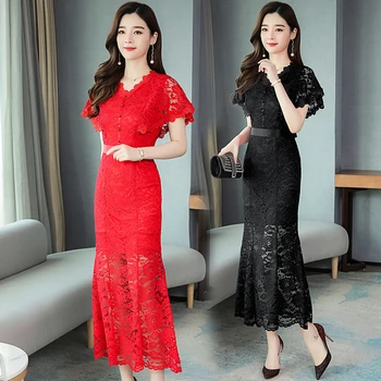 

Spring New Fashion Fishtail Sexy Lace Dress Women Long Temperament Slim Short Sleeved Shirt Dress Black Red Clothes