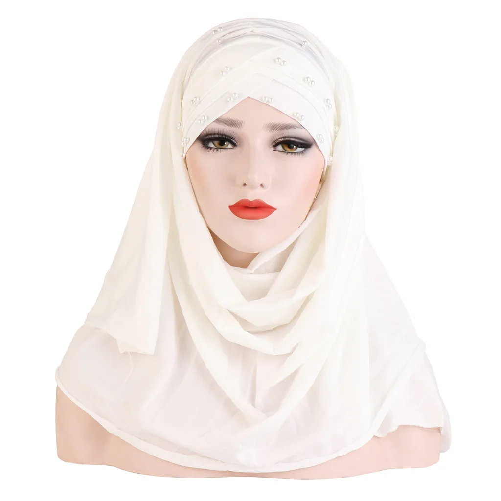 Мусульманский женский простой тюрбан бусины Амира хиджаб шарф платок мгновенная шаль готов носить головной платок Исламская шапка шляпа Ближний Восток - Цвет: White