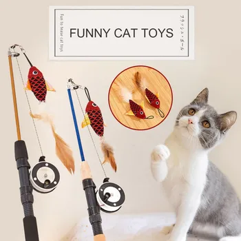 

1Pc Cat Interactive Toy Stick Feather Wand Toys Fish-shaped Telescopic Fishing Rod Cat Teaser Toy Supplies Random Color