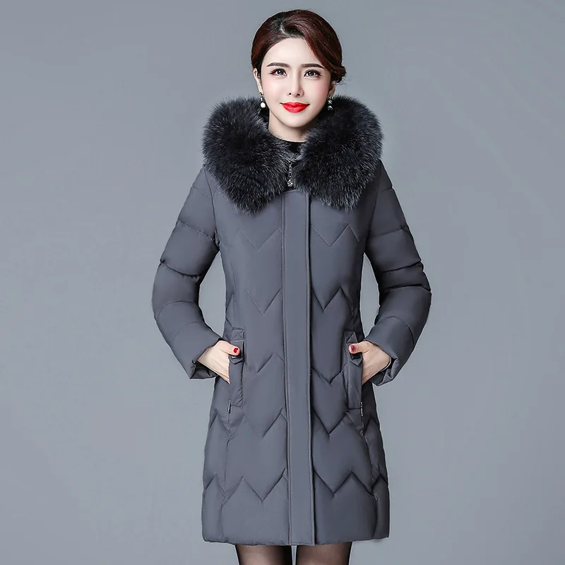 

Middle-aged Cotton Coat Women's Mid-length Middle-aged Women Dress Thick Winter Fur Collar Warm Slim Fit Cotton-padded Clothes C