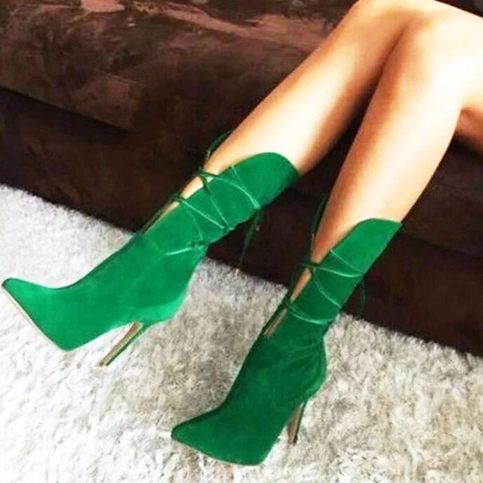 

Mid Calf Boots Dark Green Lace Up Pointed Toe Woman Fall Winter Short Boots Hot Sell Feminine Lady Dress Shoes
