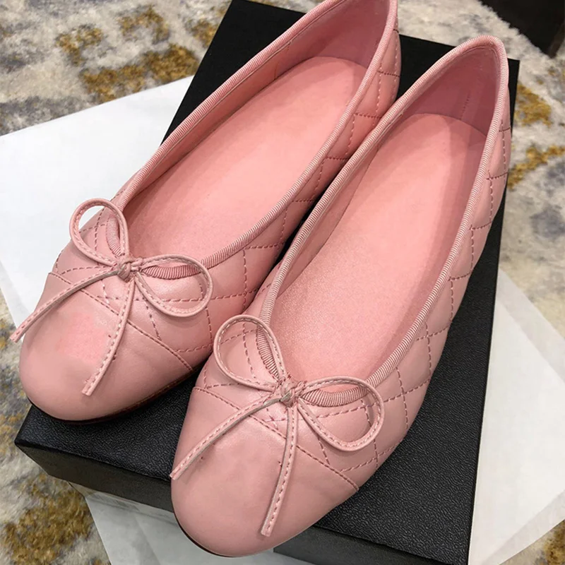 Zapatos de diseñador de lujo para Mujer, lazo y punta redonda planas con zapatillas de Ballet, de cuero a cuadros, LS14