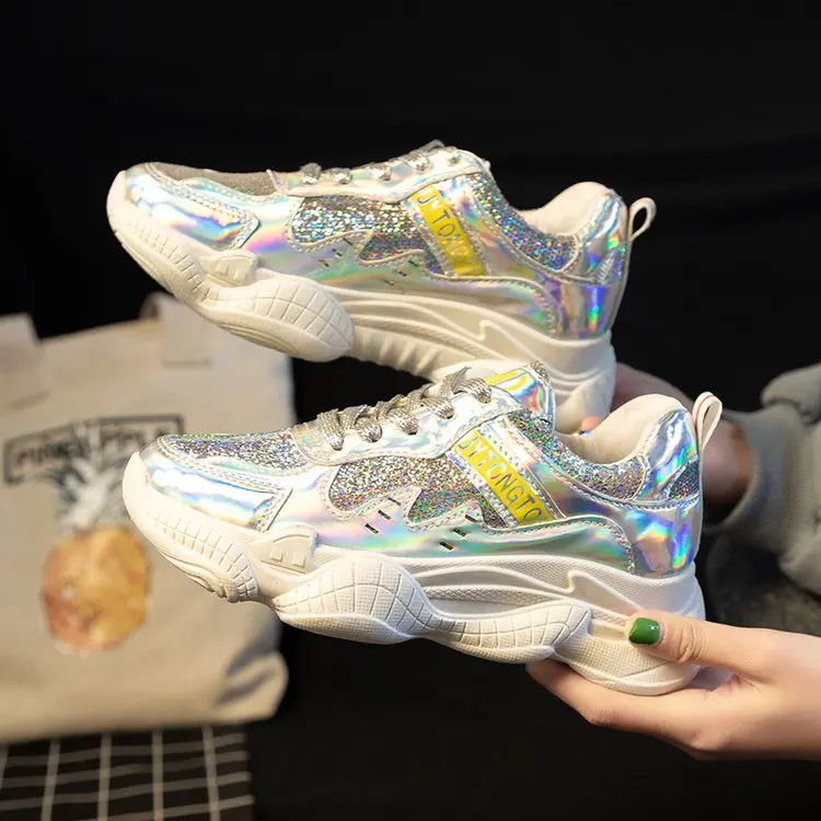 

Bling sequined Women Platform sneakers Light Sneakers Lace Up Shoes Woman Sneaker Casual Shoes espadrilles silver shoes n-191