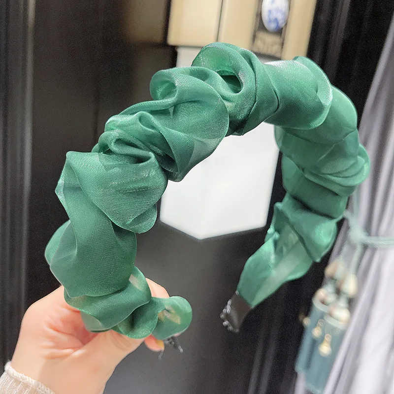 Vintage Organza Ruched Folds Headband for Women Korean Girls Bezel Hair Hoop Spring Summer Headwear Hairbands Accessories crocodile hair clips