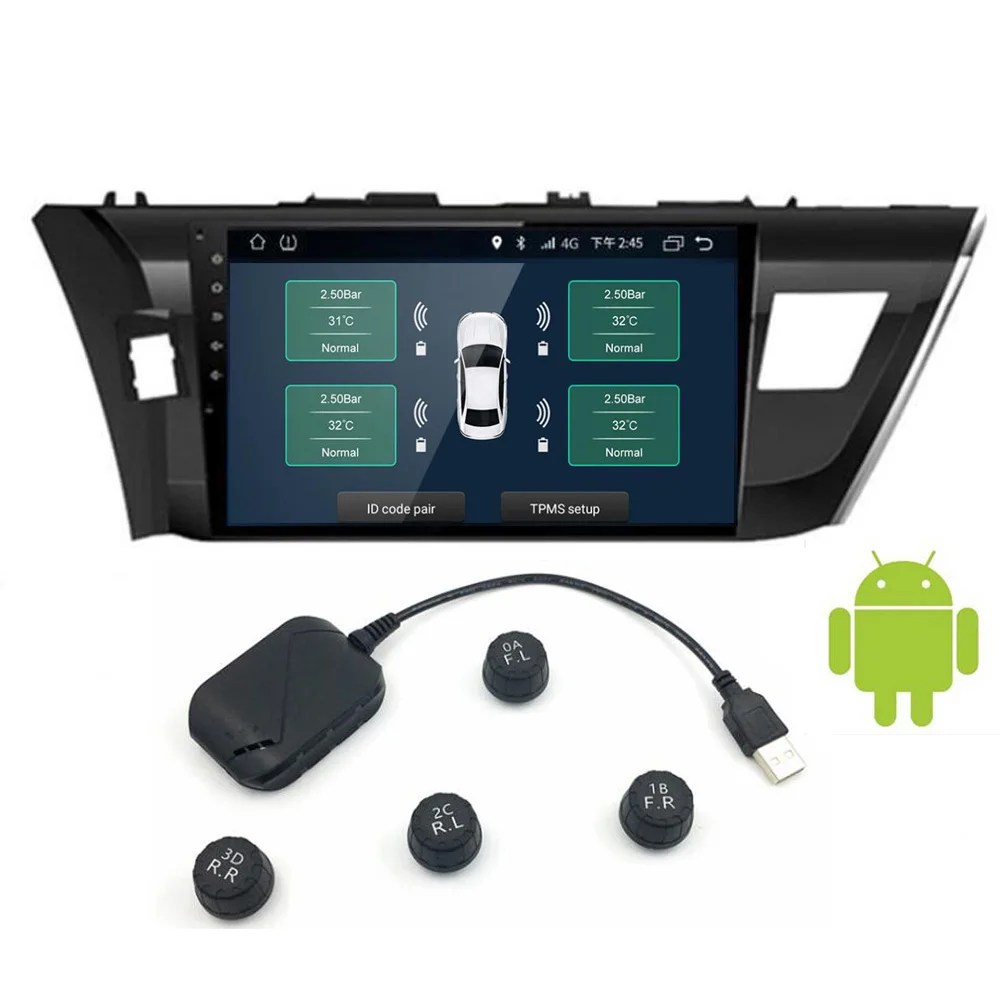  Monitor de presión de neumáticos USB Android TPMS para coche con 4 sensores externos sistema de ala
