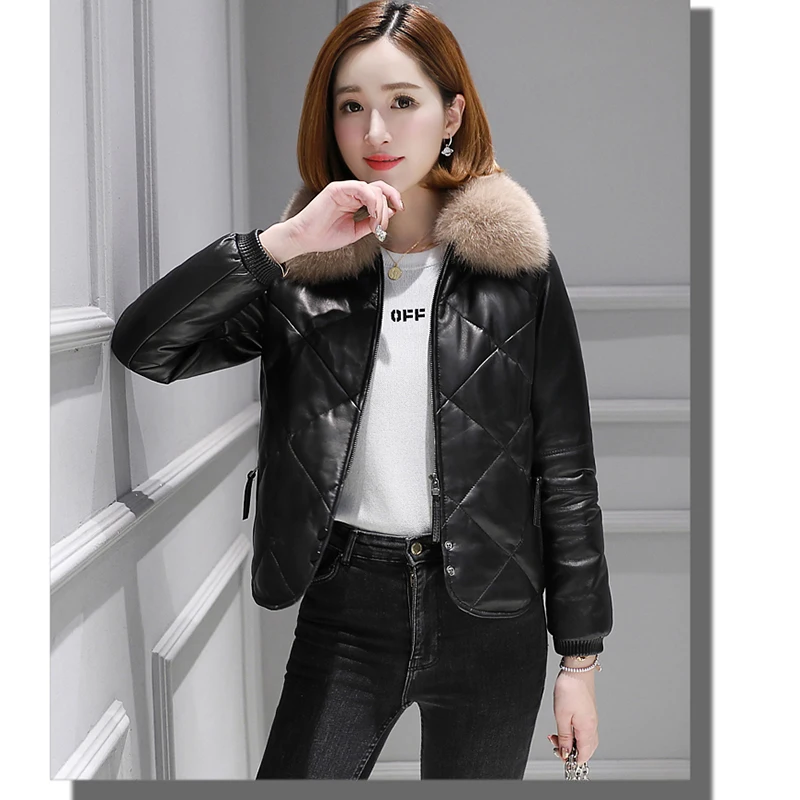 High quality Genuine Leather Coat Women Real Sheepskin Coat Female Winter Short Down Jacket Fox Fur Collar Outwear Jackets G56