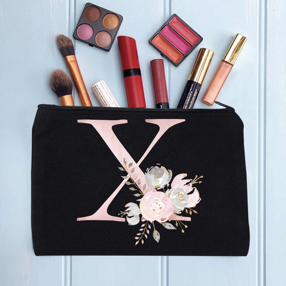 Women's Cosmetic Makeup Bags Female Organizer Pink Flower 26 Letters School Pencil Cases Carrying Bag for Coin Purse
